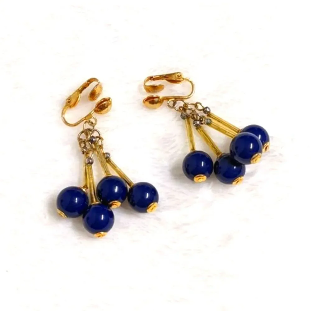 Vintage 1960's Goldtone & Navy Cluster Dangle Clip Earrings - Picture 2 of 6